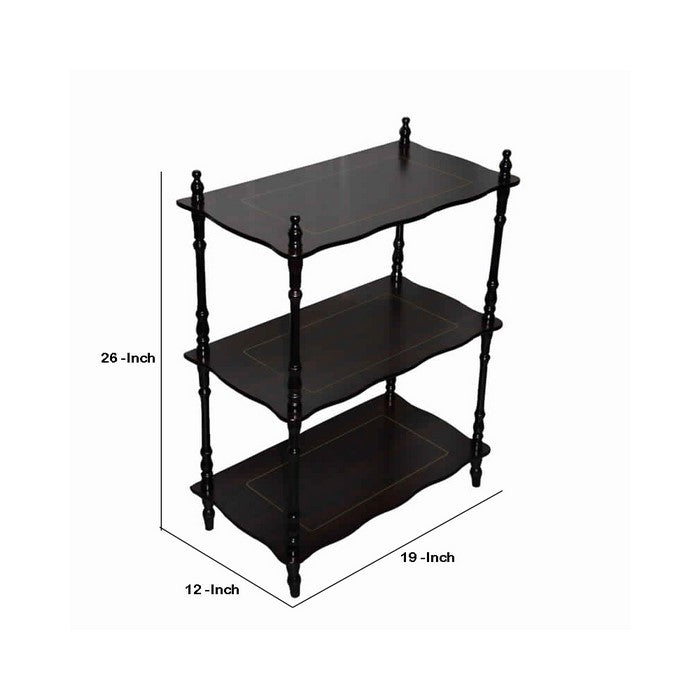 3 Tier Wooden Shelves with Scalloped Edges and Turned Legs, Cherry Brown