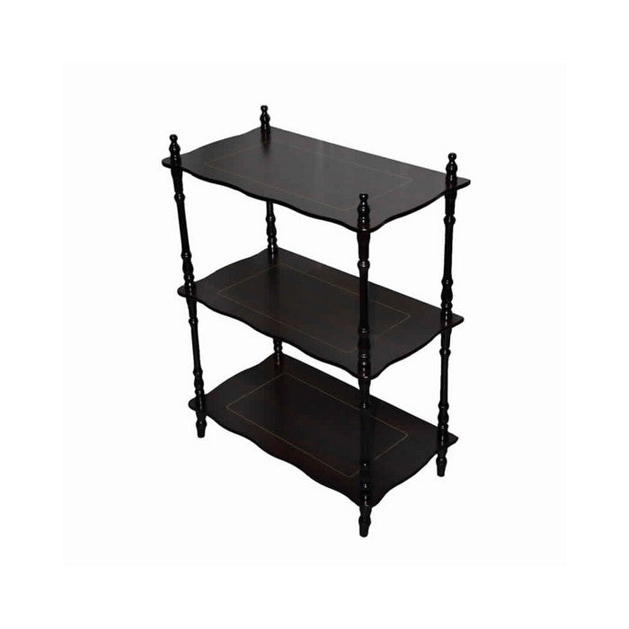 3 Tier Wooden Shelves with Scalloped Edges and Turned Legs, Cherry Brown