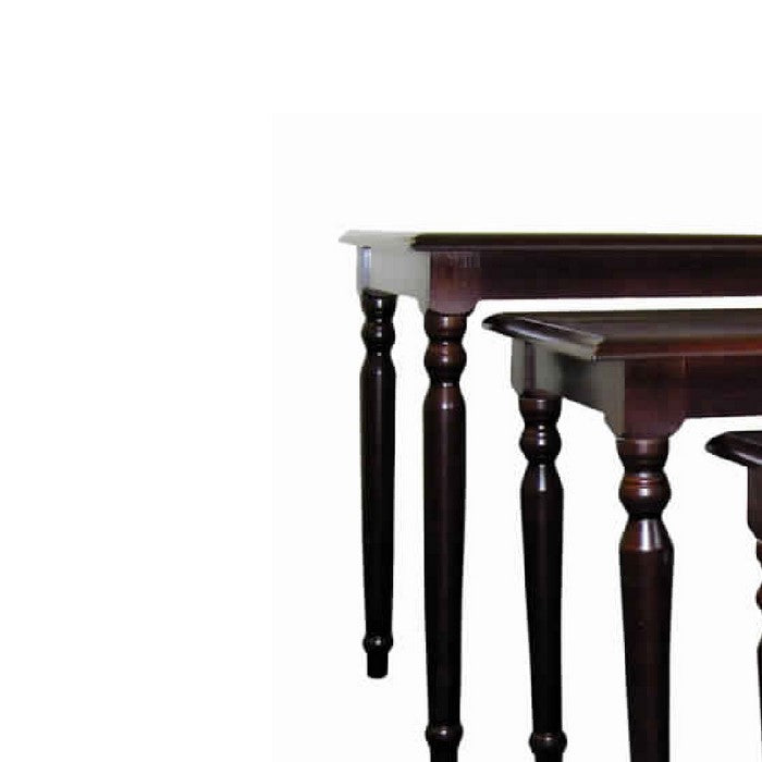 3 Piece Wooden Nesting Tables with Turned Tapered Legs, Cherry Brown