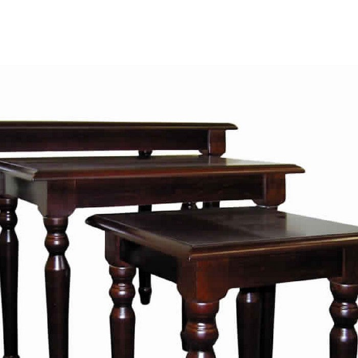 3 Piece Wooden Nesting Tables with Turned Tapered Legs, Cherry Brown