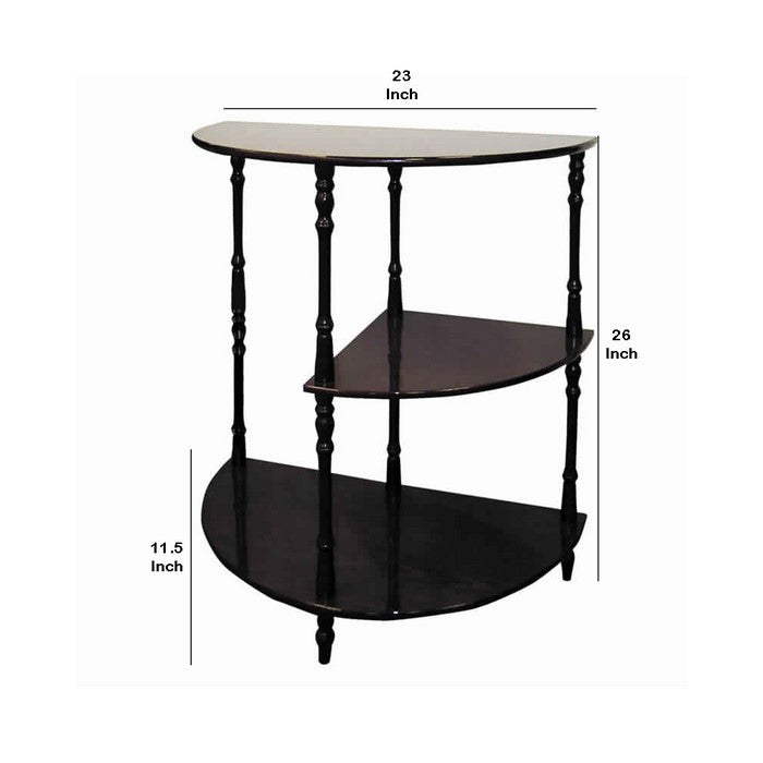 Traditional Style Wooden 3 Tier Half Table with Turned Legs, Dark Brown