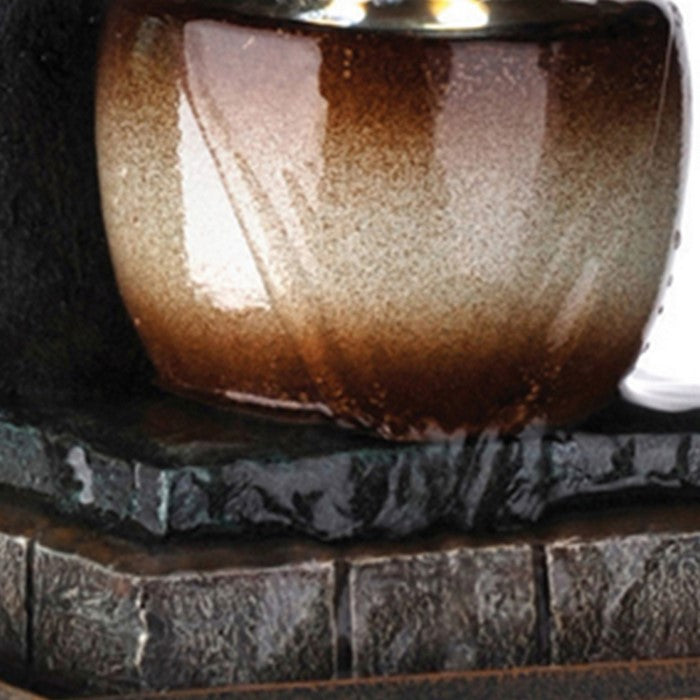 C Shaped Polyresin Frame Fountain with Tapered Base and LED Lights, Brown