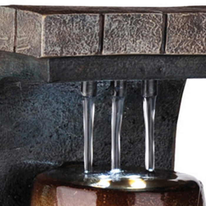 C Shaped Polyresin Frame Fountain with Tapered Base and LED Lights, Brown