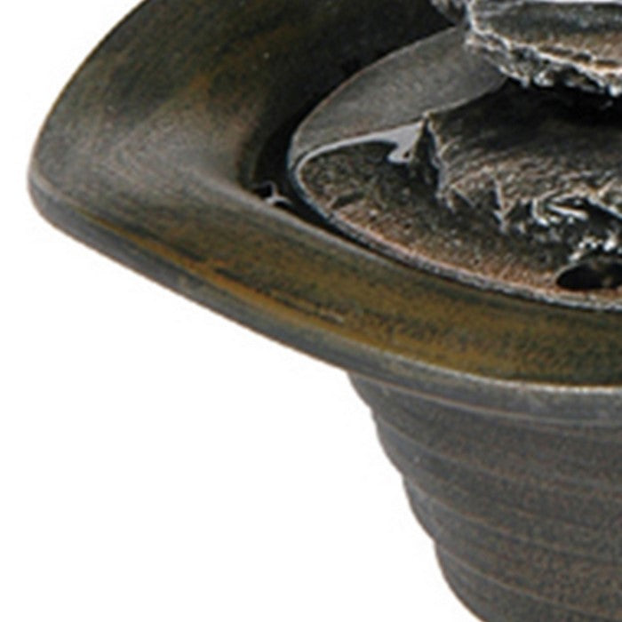 8 Inches Polyresin Frame Table Fountain with Hat Shape Base, Gray and Brown