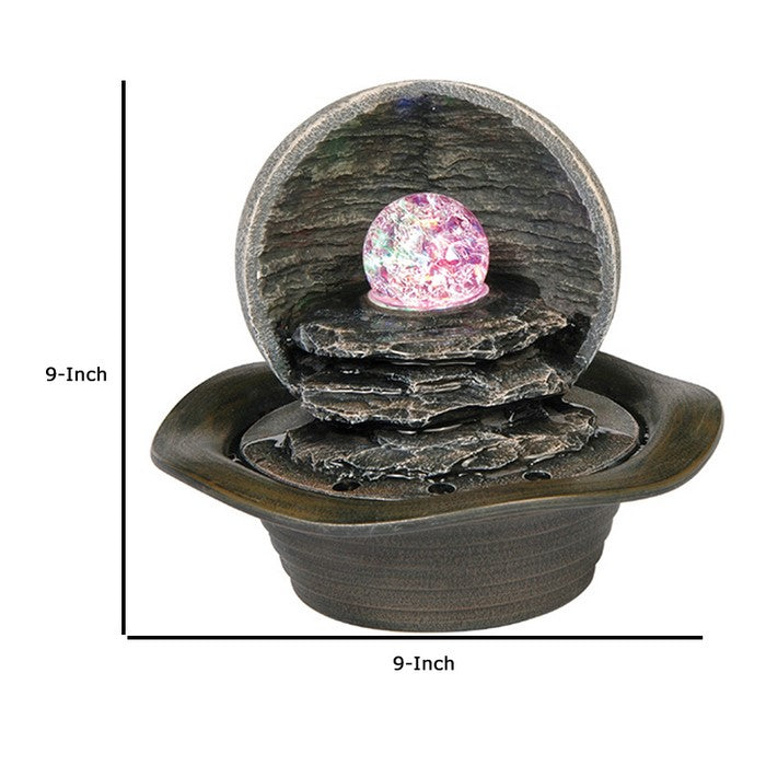 8 Inches Polyresin Frame Table Fountain with Hat Shape Base, Gray and Brown