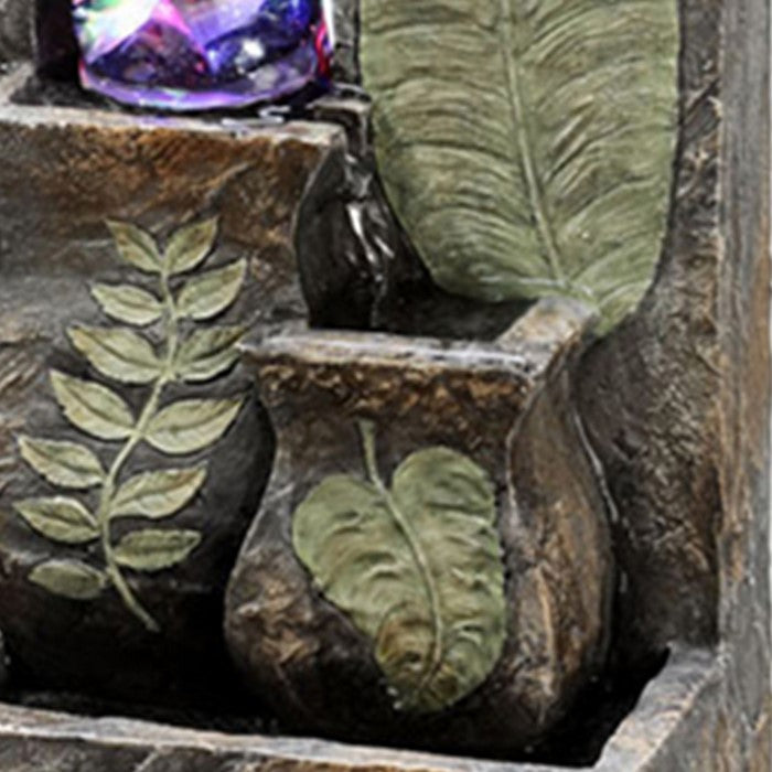 10.5 Inches Polyresin Table Fountain with Embossed Leaf Design, Brown
