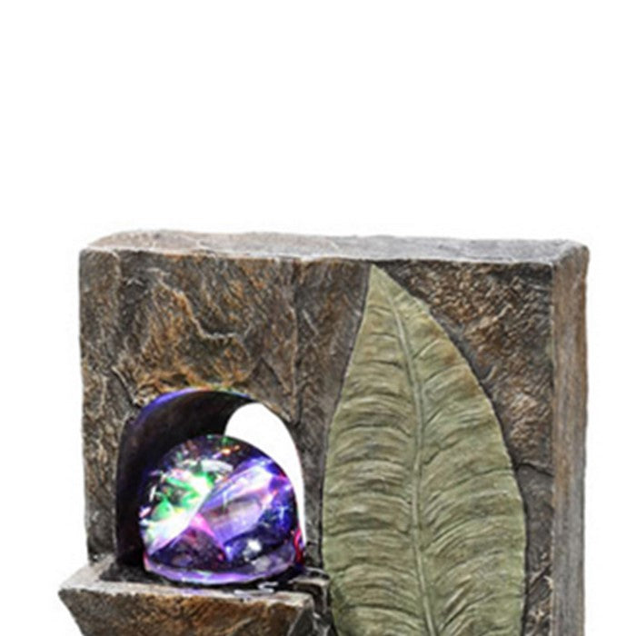 10.5 Inches Polyresin Table Fountain with Embossed Leaf Design, Brown