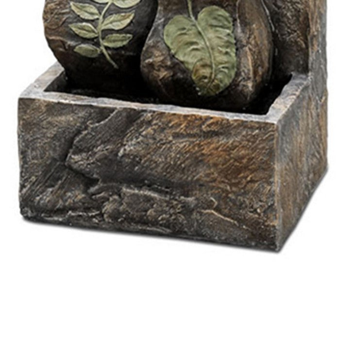 10.5 Inches Polyresin Table Fountain with Embossed Leaf Design, Brown