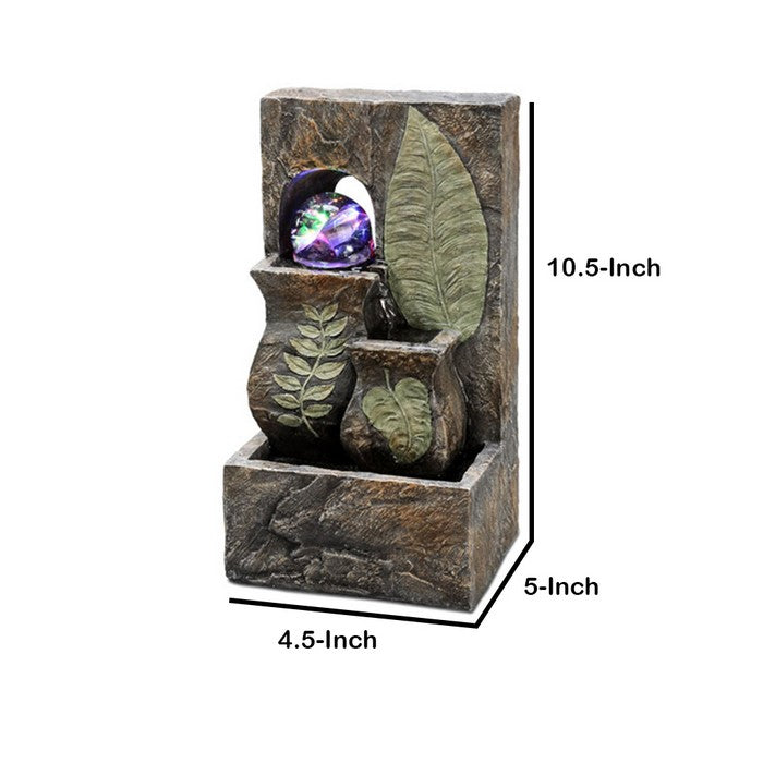 10.5 Inches Polyresin Table Fountain with Embossed Leaf Design, Brown