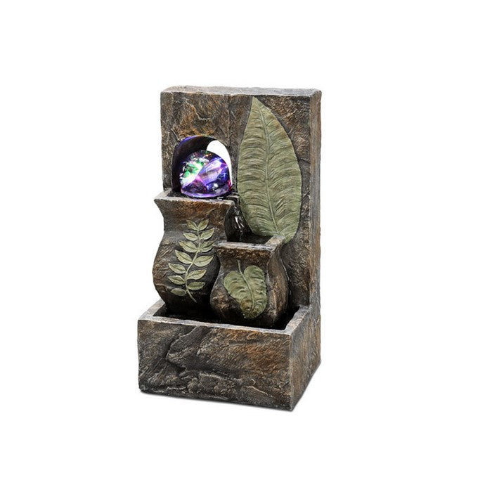 10.5 Inches Polyresin Table Fountain with Embossed Leaf Design, Brown