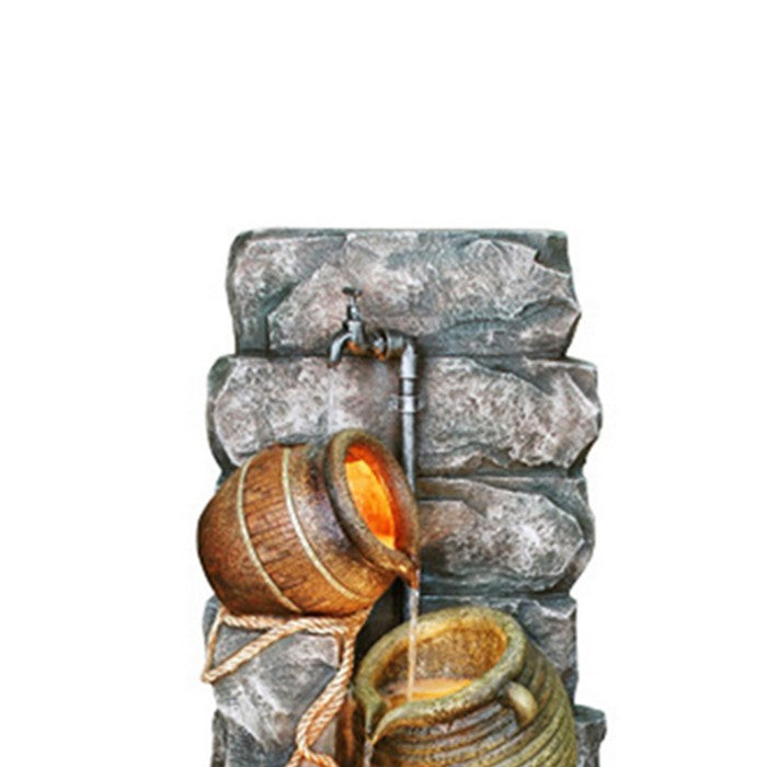 Polyresin Frame Fountain with Leveled Pot Pitchers, Gray and Brown