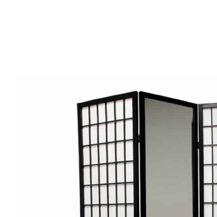 Wooden Grid Frame 3 Panel Room Divider with Mirror, Black and White