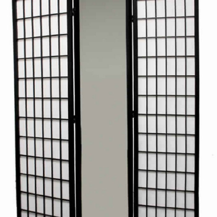 Wooden Grid Frame 3 Panel Room Divider with Mirror, Black and White