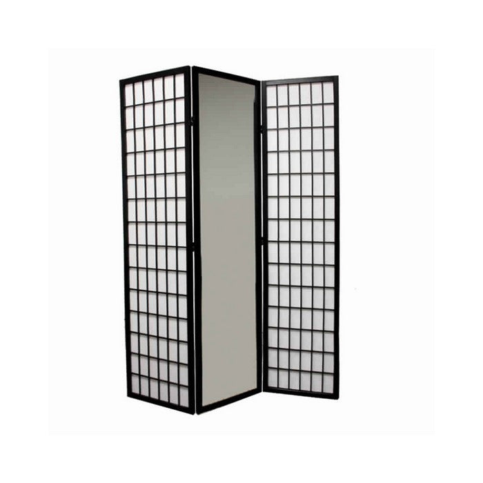 Wooden Grid Frame 3 Panel Room Divider with Mirror, Black and White