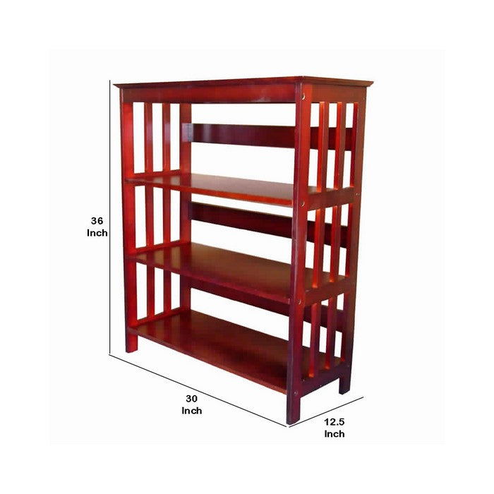 3 Tier Spacious Wooden Bookcase with Slatted Sides, Cherry Brown
