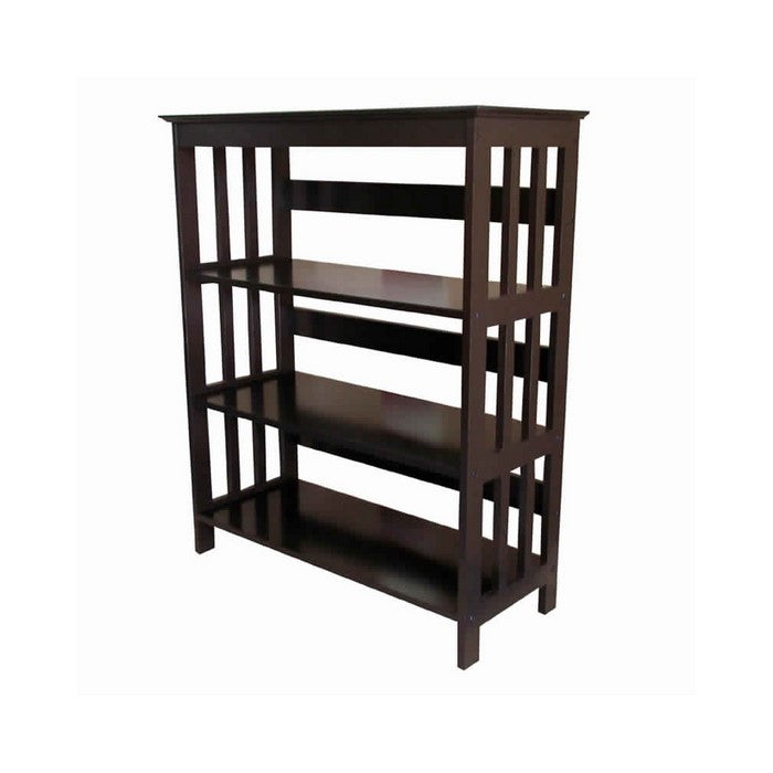 3 Tier Spacious Wooden Bookcase with Slatted Sides, Espresso Brown