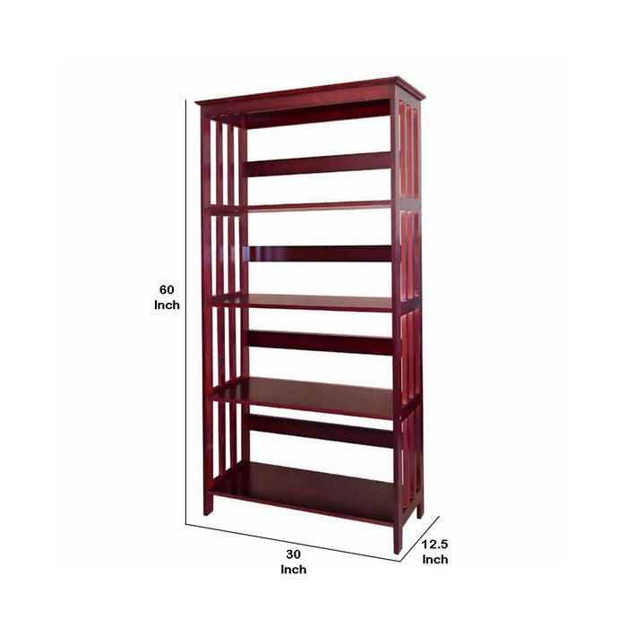 4 Tier Spacious Wooden Bookcase with Slatted Sides, Cherry Brown