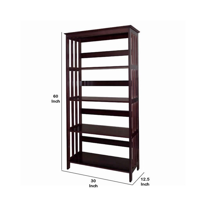 4 Tier Spacious Wooden Bookcase with Slatted Sides, Espresso Brown