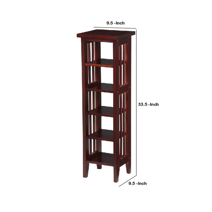 Wooden Media Storage Tower with 5 Open Shelves, Cherry Brown