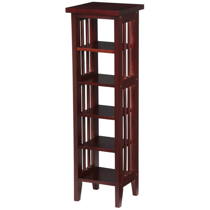 Wooden Media Storage Tower with 5 Open Shelves, Cherry Brown