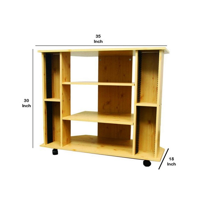 Wooden TV Stand with 3 Tier Shelving and CD Rack, Natural Brown