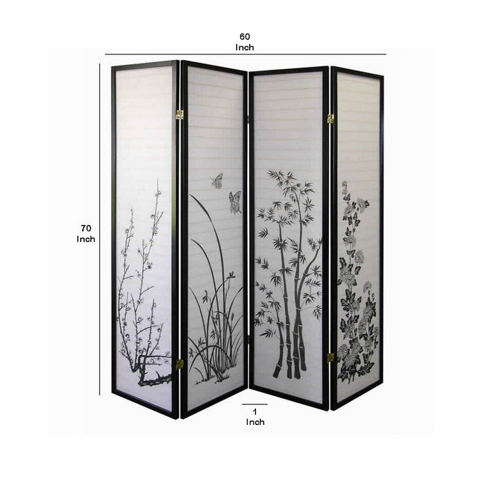 Naturistic Print Wood and Paper 4 Panel Room Divider, White and Black