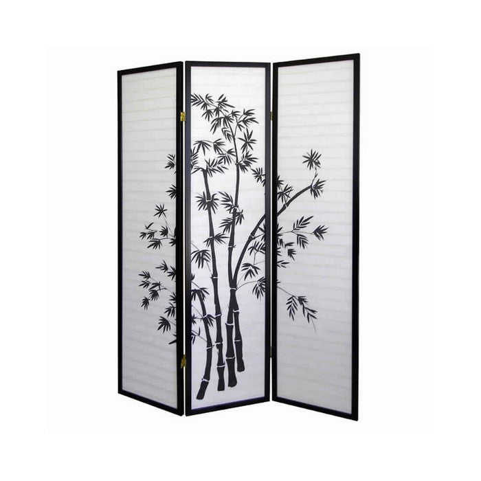 Wood and Paper 3 Panel Room Divider with Bamboo Print, White and Black