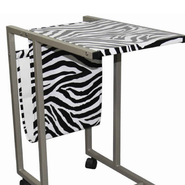 Fabric and Metal Laptop Cart with Animal Print, White and Black
