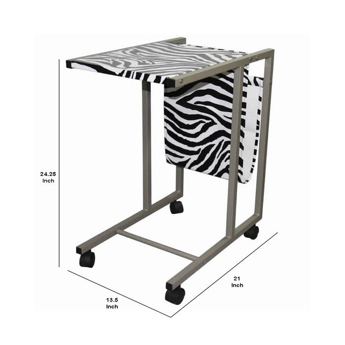 Fabric and Metal Laptop Cart with Animal Print, White and Black
