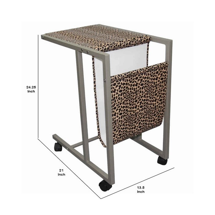 Fabric and Metal Laptop Cart with Animal Print, Brown and Black