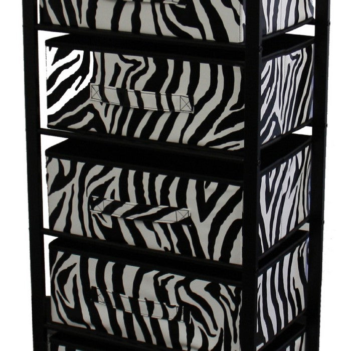 Animal Print Metal Rack with 6 Spacious Drawers, Black and White