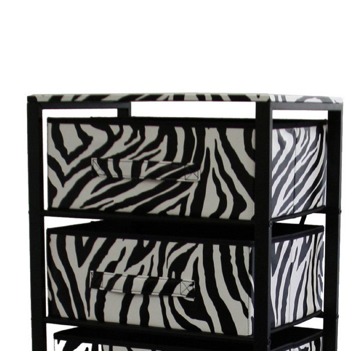 Animal Print Metal Rack with 6 Spacious Drawers, Black and White