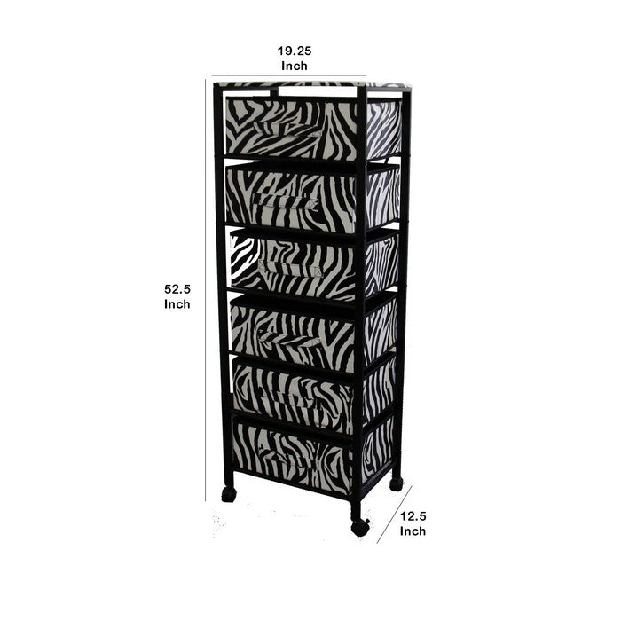 Animal Print Metal Rack with 6 Spacious Drawers, Black and White