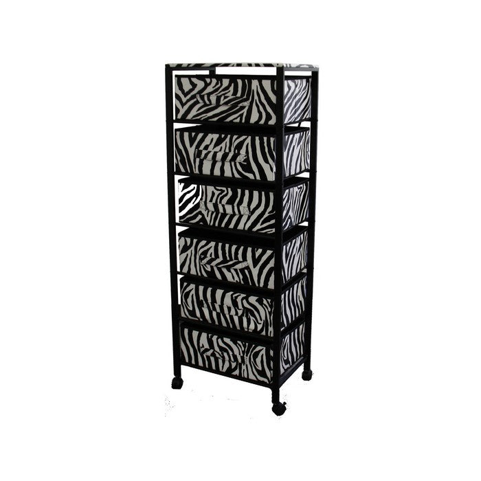 Animal Print Metal Rack with 6 Spacious Drawers, Black and White