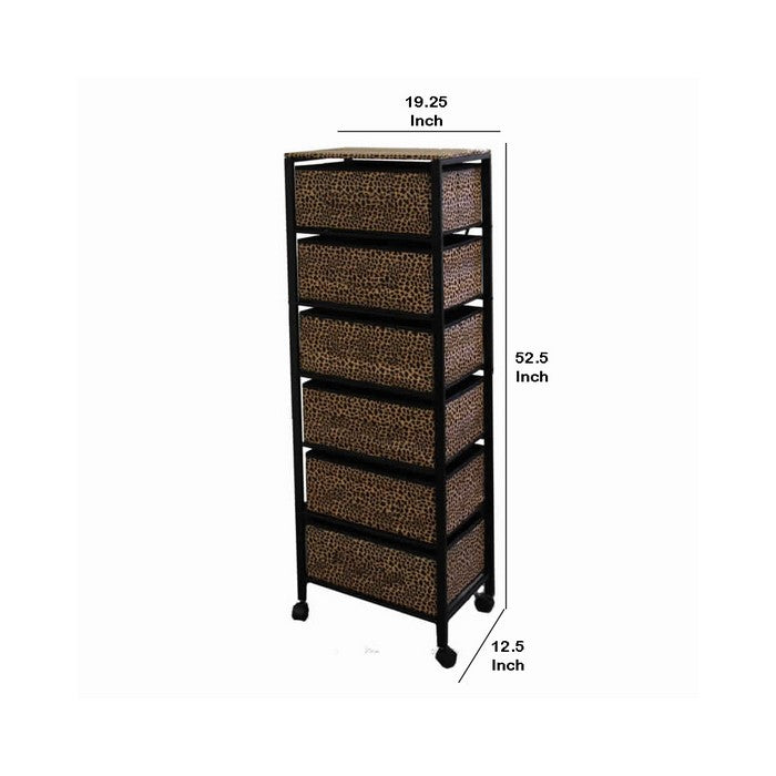 Animal Print Metal Rack with 6 Spacious Drawers, Black and Brown