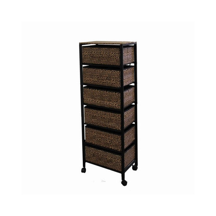 Animal Print Metal Rack with 6 Spacious Drawers, Black and Brown
