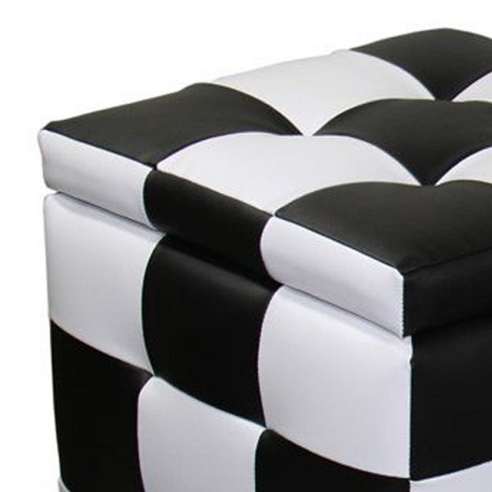 2 Piece Tufted Faux Leather Upholstered Storage Ottoman, Black and White