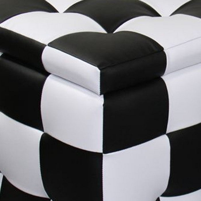 2 Piece Tufted Faux Leather Upholstered Storage Ottoman, Black and White