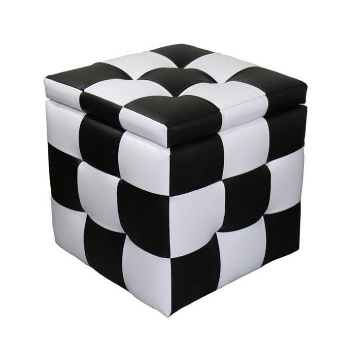 2 Piece Tufted Faux Leather Upholstered Storage Ottoman, Black and White