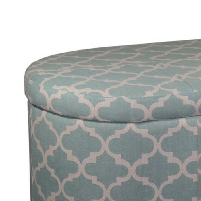 2 Piece Oblong Upholstered Storage Ottoman with Quatrefoil Print, Teal Blue