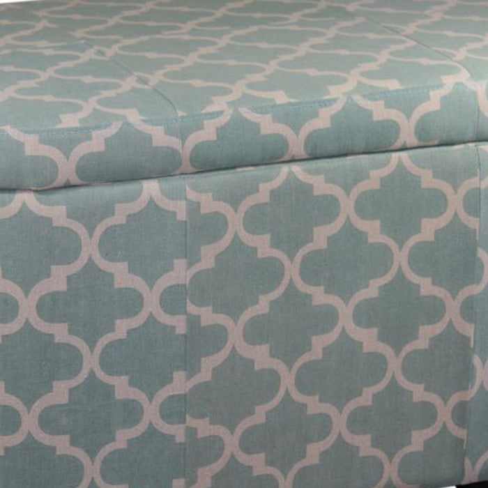 2 Piece Oblong Upholstered Storage Ottoman with Quatrefoil Print, Teal Blue