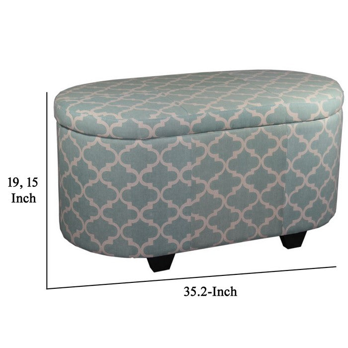 2 Piece Oblong Upholstered Storage Ottoman with Quatrefoil Print, Teal Blue