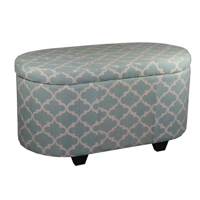 2 Piece Oblong Upholstered Storage Ottoman with Quatrefoil Print, Teal Blue