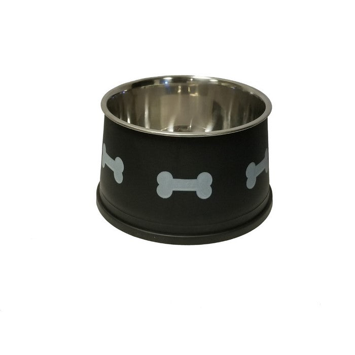 Paw and Bone Design Stainless Steel Pet Bowl For Long Ear Dog, Black and Silver