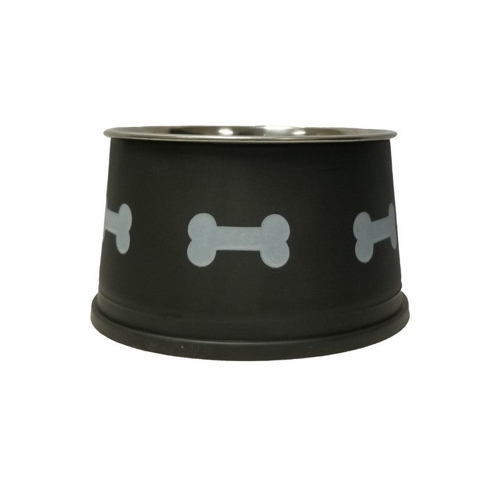 Paw and Bone Design Stainless Steel Pet Bowl For Long Ear Dog, Black and Silver