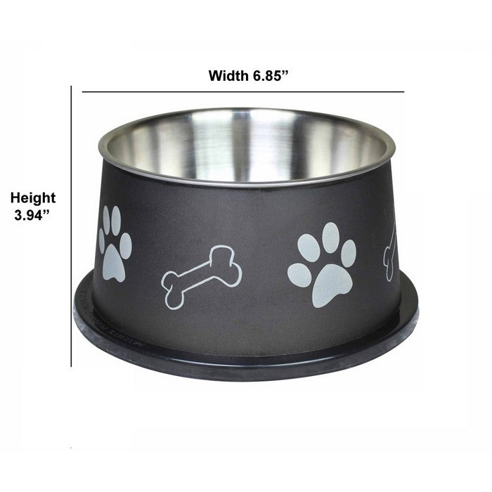 Paw and Bone Design Stainless Steel Pet Bowl For Long Ear Dog, Black and Silver