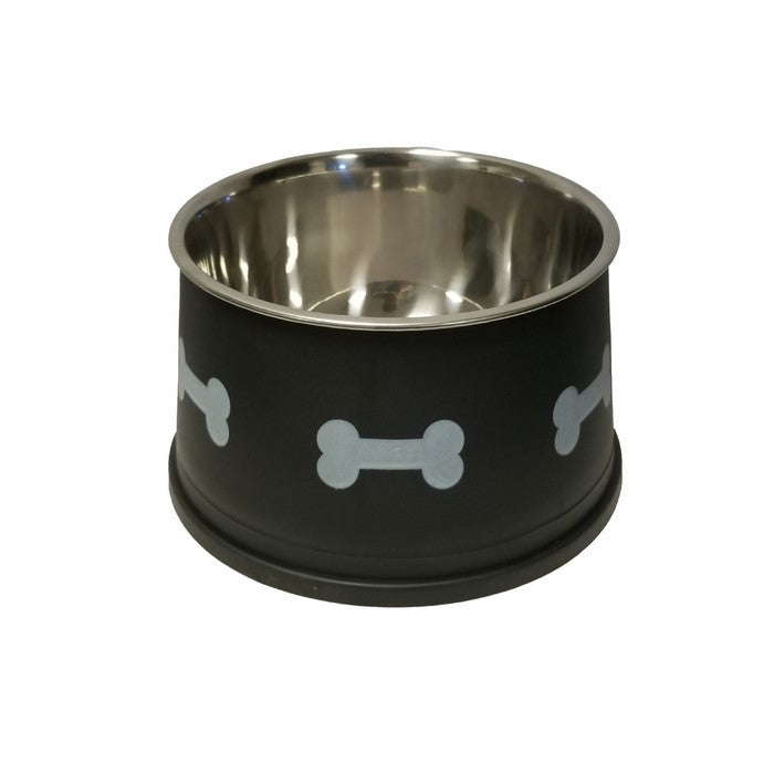 Paw and Bone Design Stainless Steel Pet Bowl For Long Ear Dog, Black and Silver