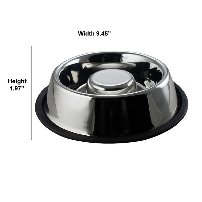 Slow Feeder Stainless Steel Pet Bowl with Anti Skid Rubber Base, Large, Gray and Black