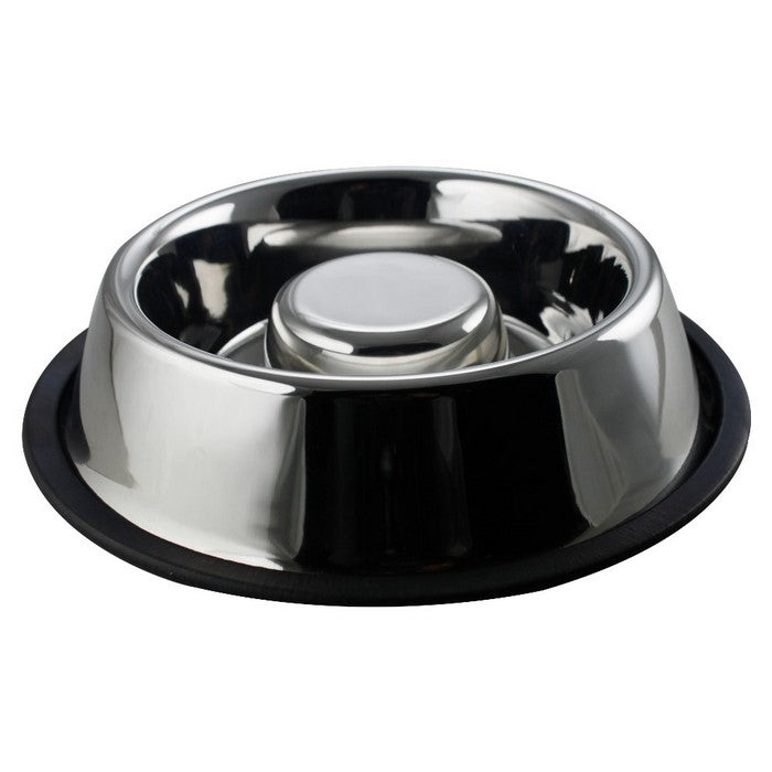 Slow Feeder Stainless Steel Pet Bowl with Anti Skid Rubber Base, Large, Gray and Black
