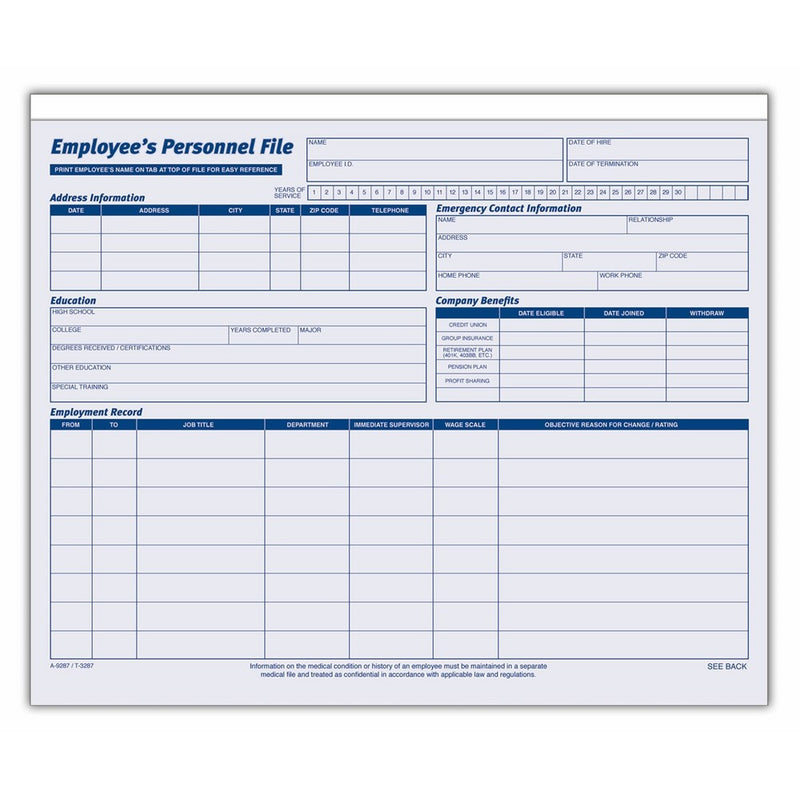 Adams Employees Personnel File Folder, Heavy Card Stock, 11-3/4 x 9-1/2 Inches, Pack of 20 Folders (9287ABF)